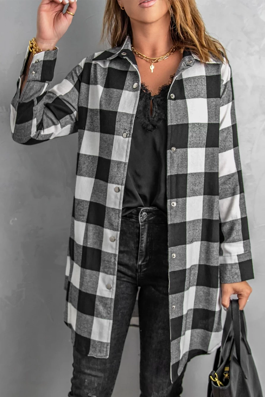 Women's Black Plaid Collared Button-Down Long Shirt Shacket by Shewin