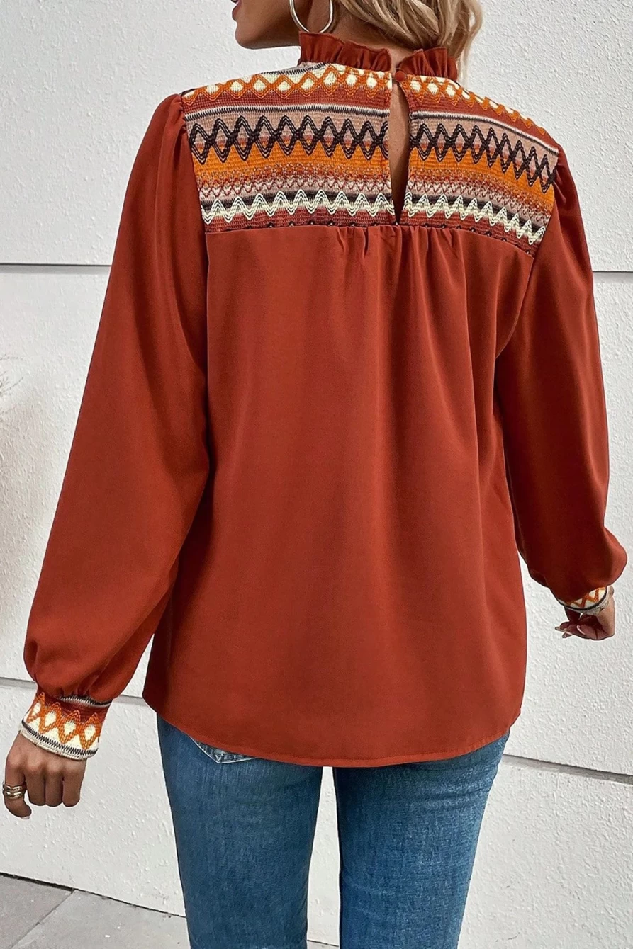Shewin Women's Clay Red Geometric Blouse with Frilled Neck & Puff Sleeves