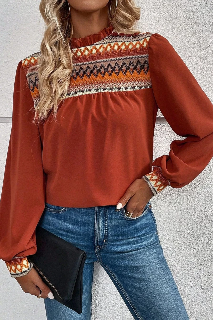 Shewin Women's Clay Red Geometric Blouse with Frilled Neck & Puff Sleeves