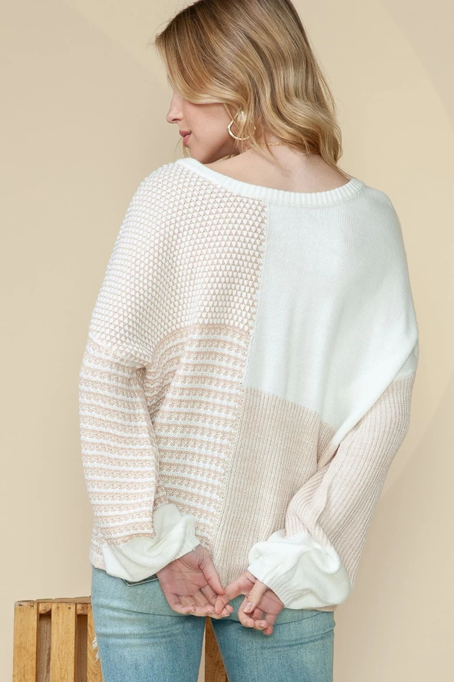 Shewin Women's Oatmeal Reversible Knit Sweater with Tie Back and Drop Shoulder Mixed Pattern Design