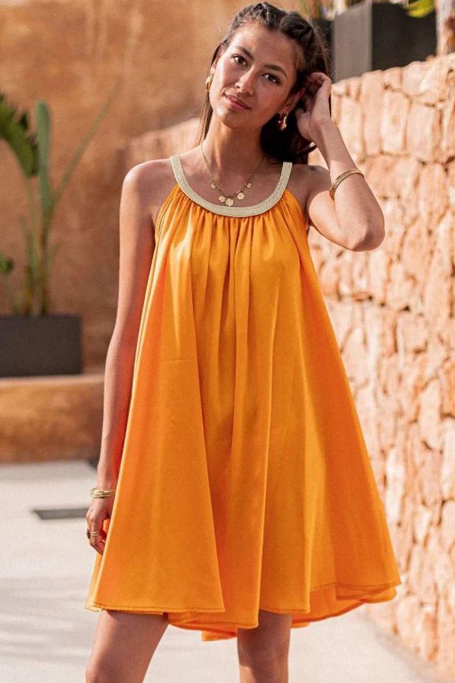 Shewin Women's Boho Chic Woven Neckline Sleeveless Babydoll Dress in Vitality Orange