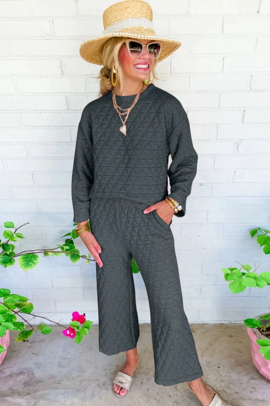 Shewin Women's Dark Grey Quilted Long Sleeve Top & Wide Leg Pants Set