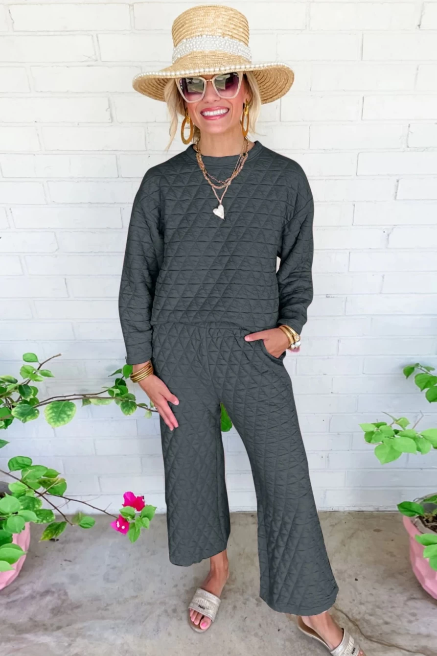 Shewin Women's Dark Grey Quilted Long Sleeve Top & Wide Leg Pants Set