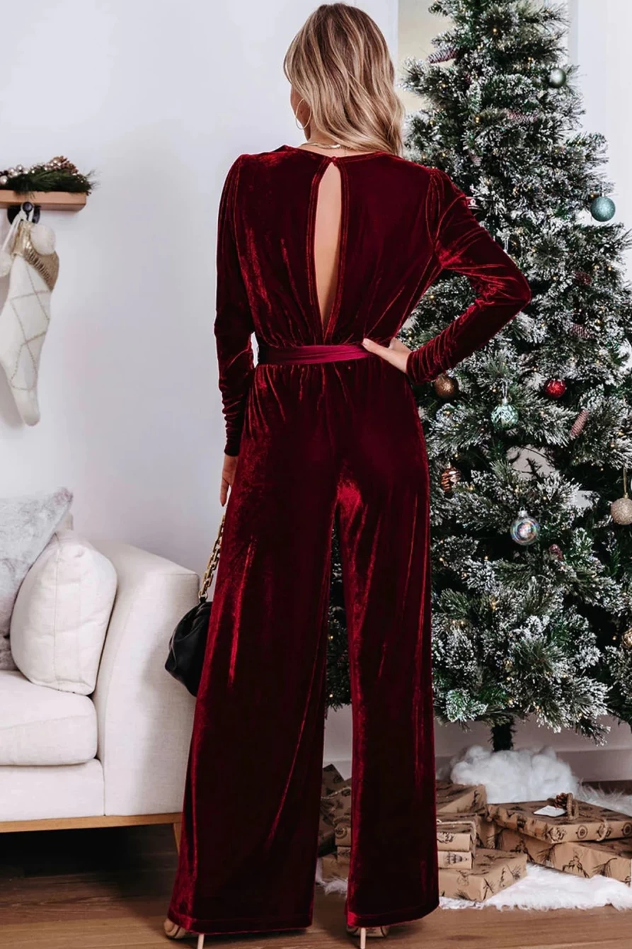 SheWin Women's Red Velvet Wide Leg Jumpsuit with Pockets and Cut Out Back