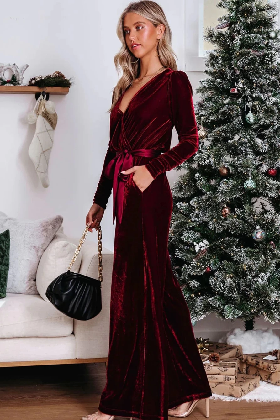 SheWin Women's Red Velvet Wide Leg Jumpsuit with Pockets and Cut Out Back