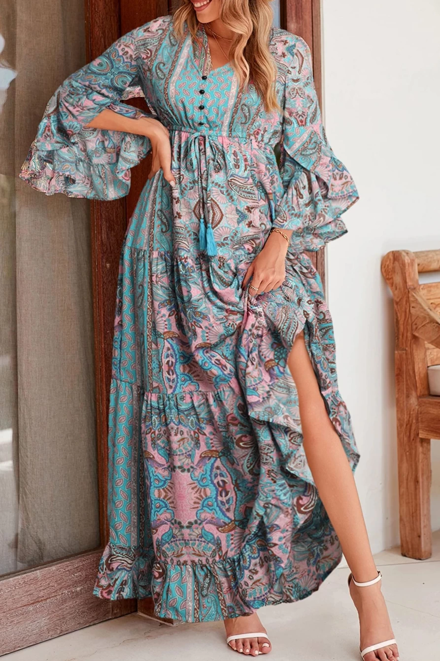 Shewin Women's Pink Boho Paisley Print Maxi Dress with Flounce Sleeves and Drawstring Waist