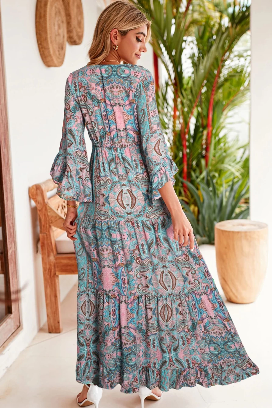 Shewin Women's Pink Boho Paisley Print Maxi Dress with Flounce Sleeves and Drawstring Waist