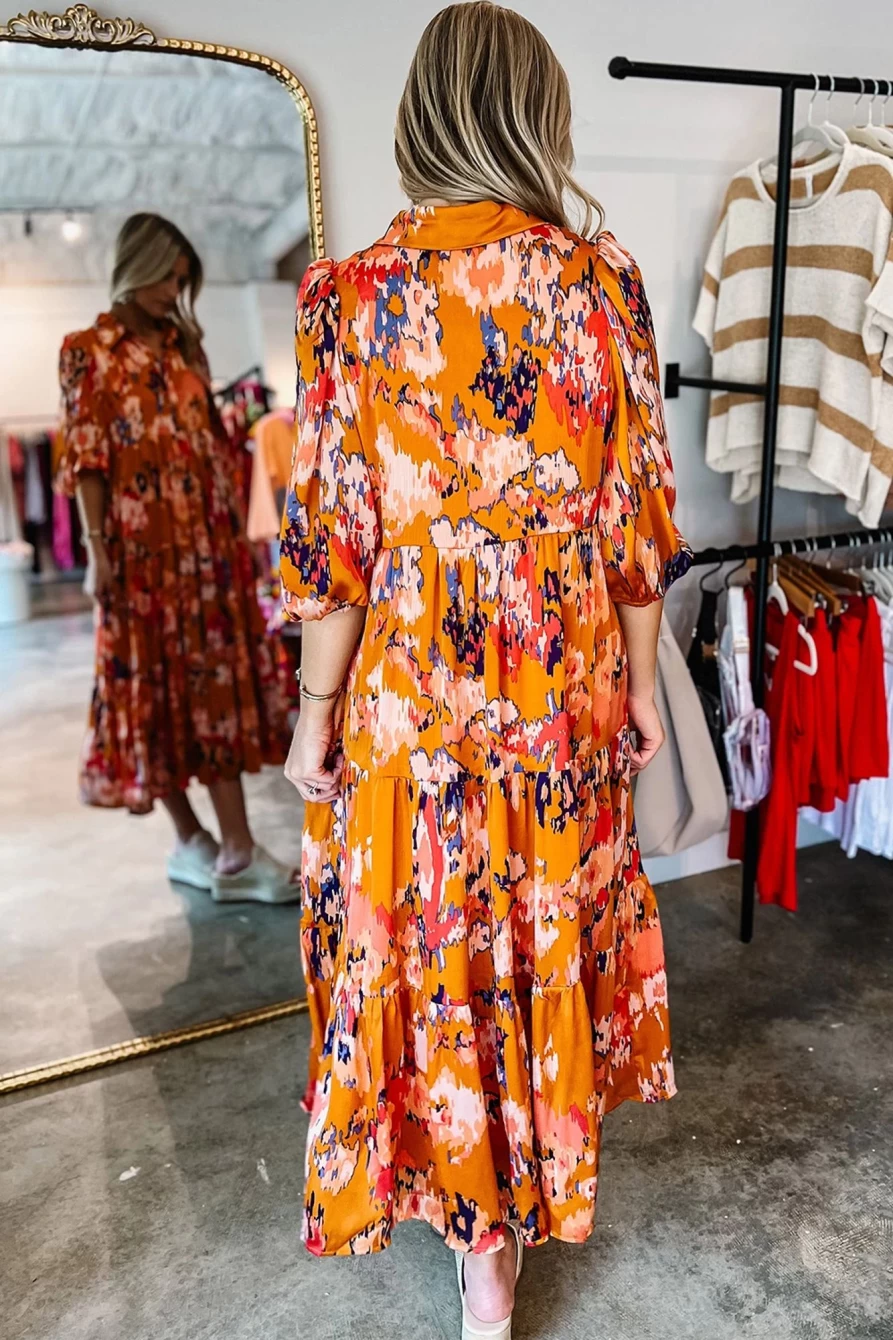 Shewin Women's Orange Abstract Print Pleated Maxi Dress with Half Sleeves & Button Detail