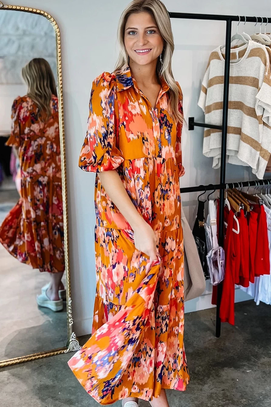 Shewin Women's Orange Abstract Print Pleated Maxi Dress with Half Sleeves & Button Detail