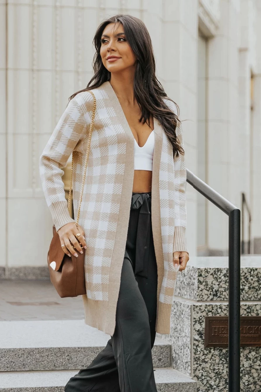 Women's Khaki Plaid Long Cardigan Open Front Casual Coat - Shewin