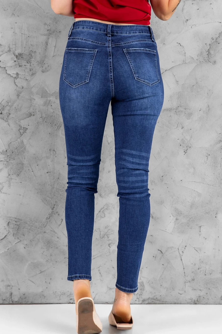 Shewin Women's Blue Dark Casual High Rise Skinny Jeans with Button Fly