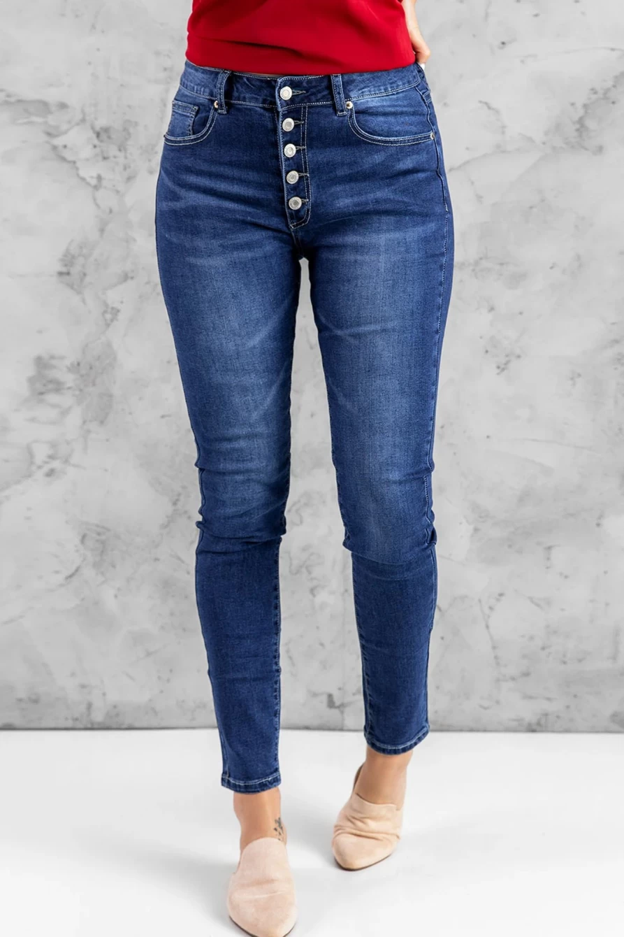 Shewin Women's Blue Dark Casual High Rise Skinny Jeans with Button Fly