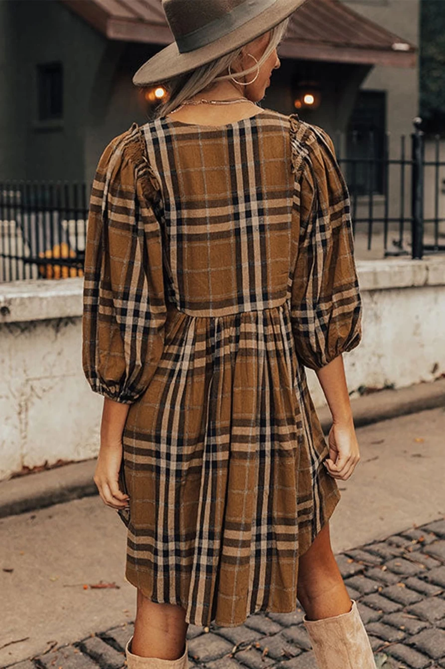 Shewin Women's Brown Printed Plaid V-Neck Babydoll Dress - Plus Size Flowy Casual Loungewear