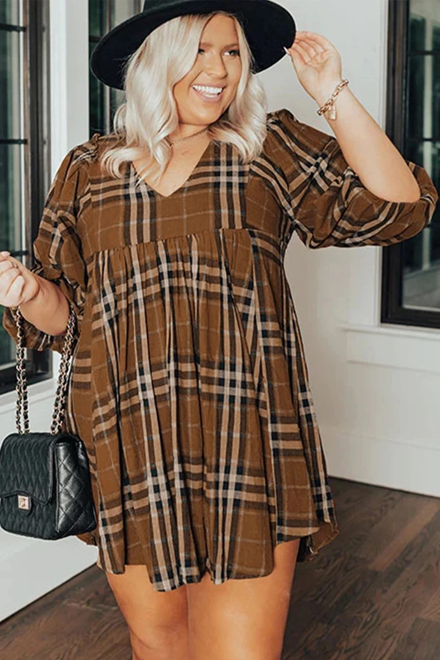 Shewin Women's Brown Printed Plaid V-Neck Babydoll Dress - Plus Size Flowy Casual Loungewear