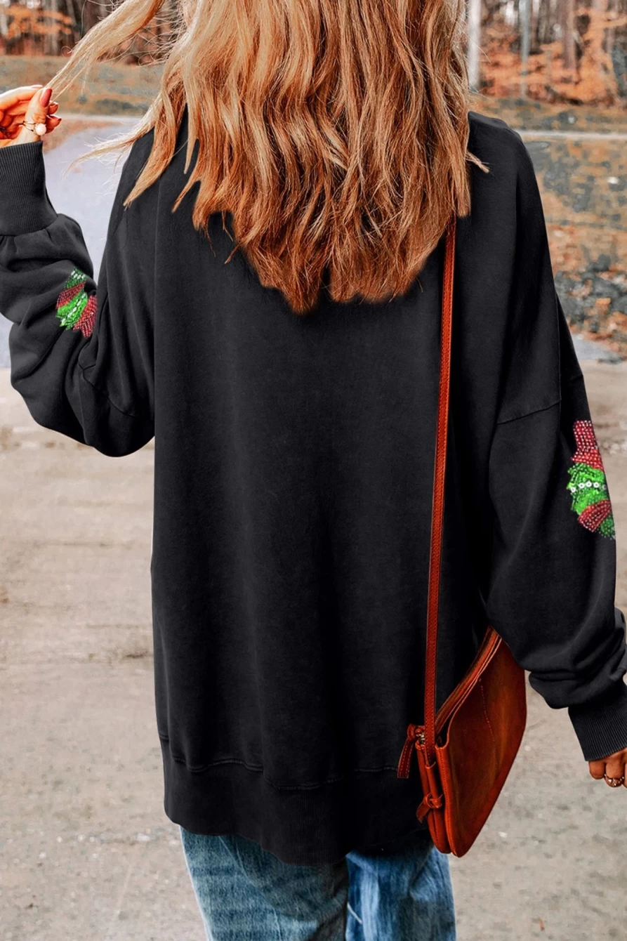 Shewin Women's Black Sequined Christmas Graphic Split Front Sweatshirt
