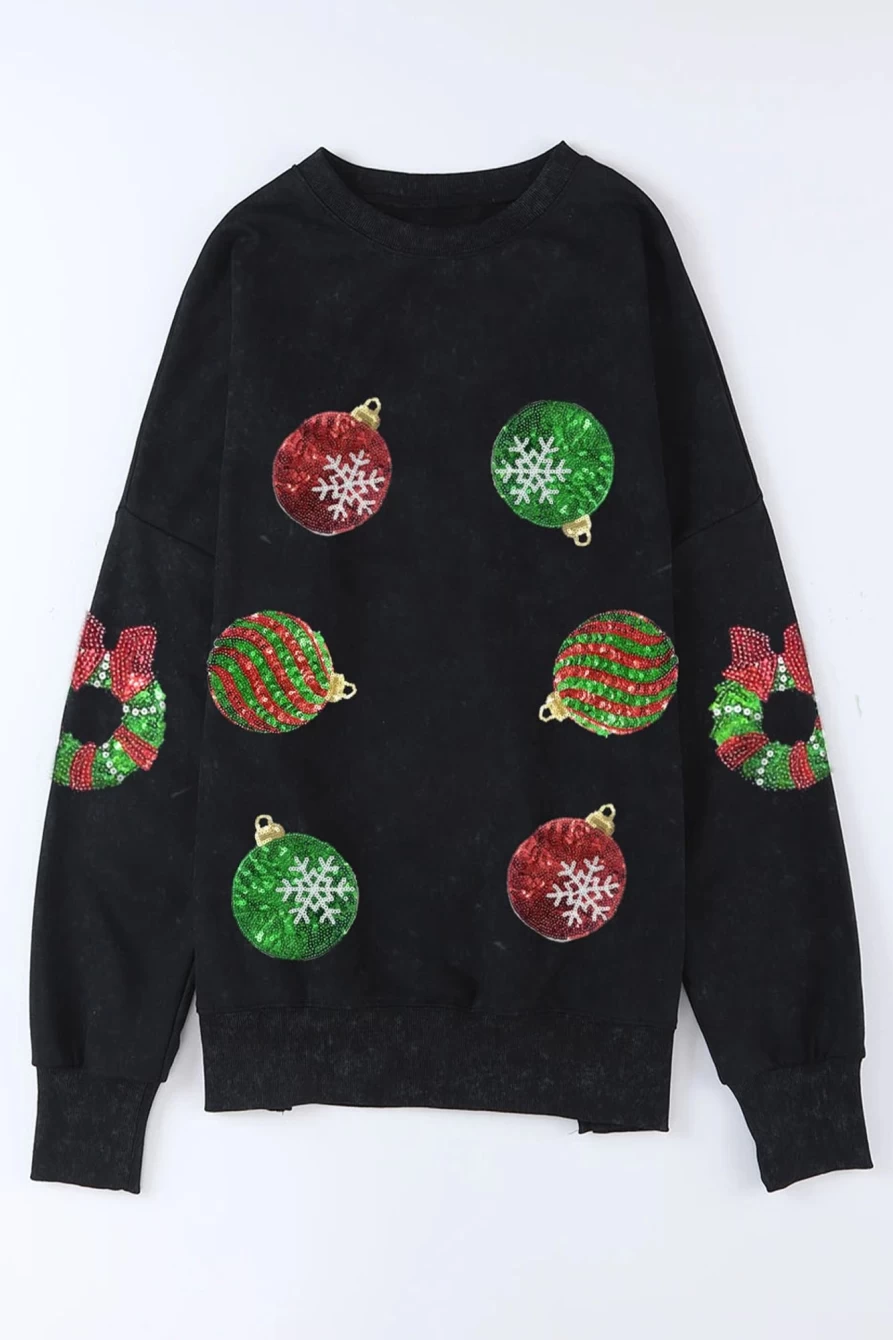 Shewin Women's Black Sequined Christmas Graphic Split Front Sweatshirt