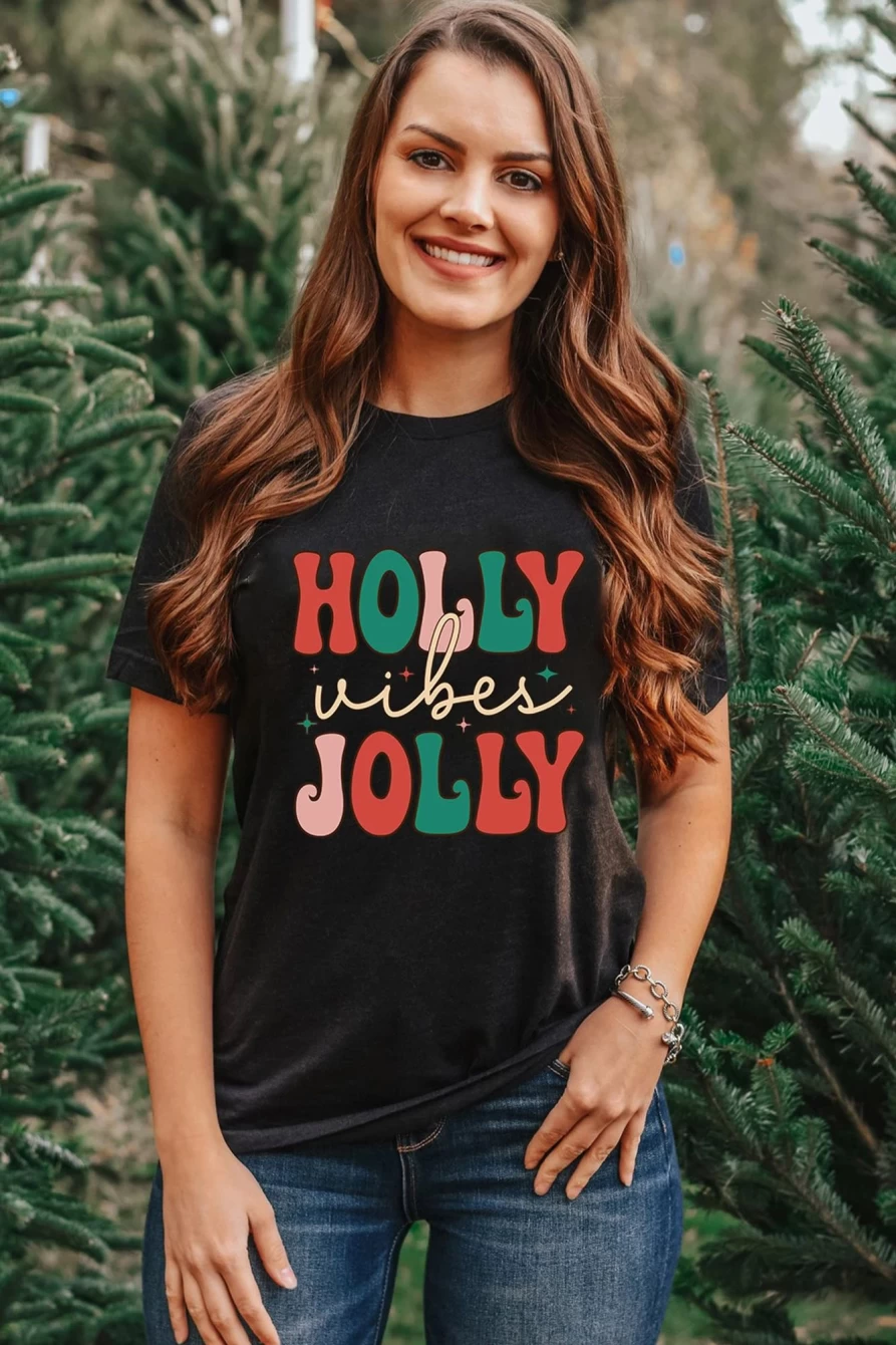 Shewin Women's Black Holly Jolly Vibes Christmas Graphic T-Shirt - Festive Crew Neck Tee