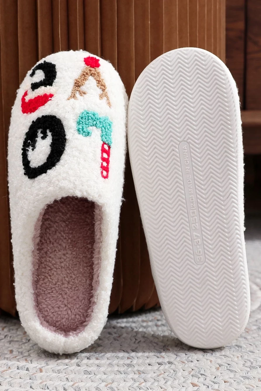 Shewin Women's White Fuzzy Christmas Love Letter Graphic Slippers