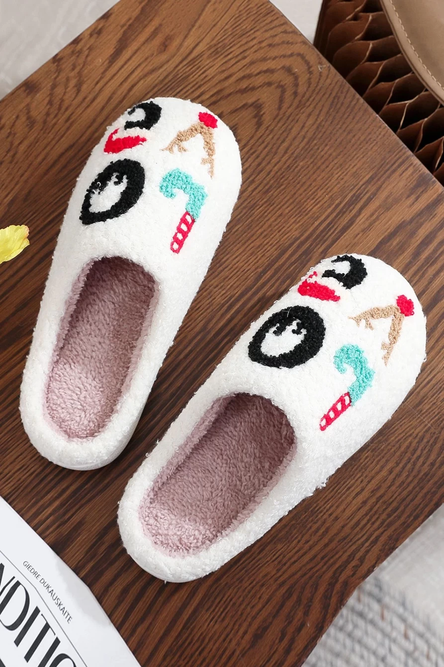 Shewin Women's White Fuzzy Christmas Love Letter Graphic Slippers