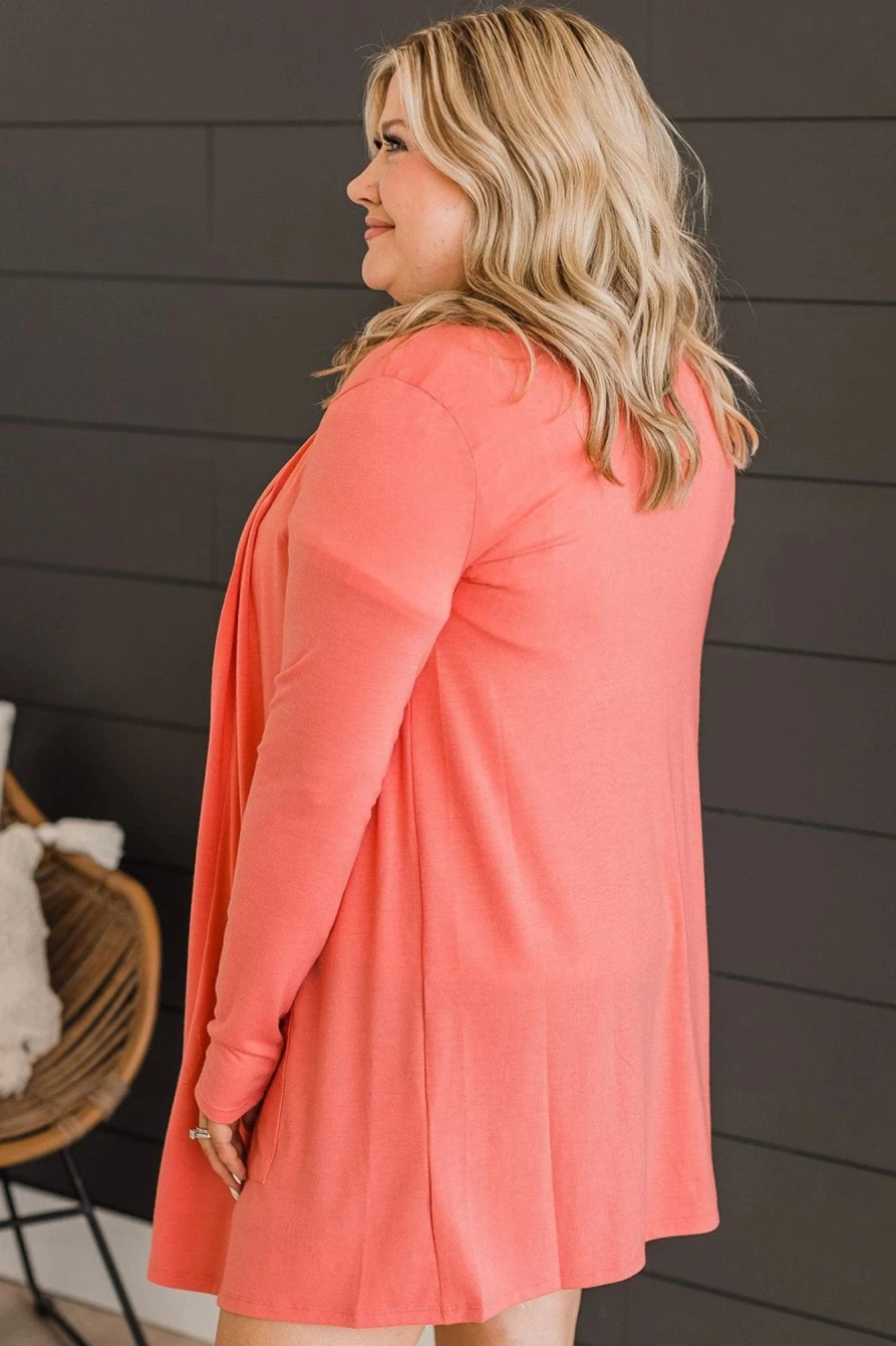Women's Plus Size Red Long Cardigan with Pockets & Open Front - Shewin