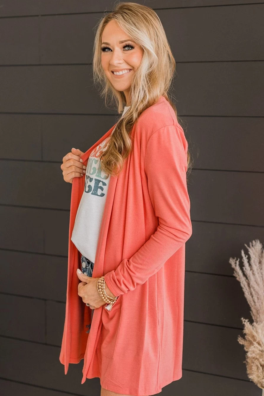 Women's Plus Size Red Long Cardigan with Pockets & Open Front - Shewin