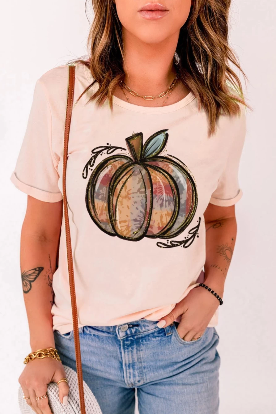Shewin Women's Pink Fall Pumpkin Graphic Print Casual T-Shirt