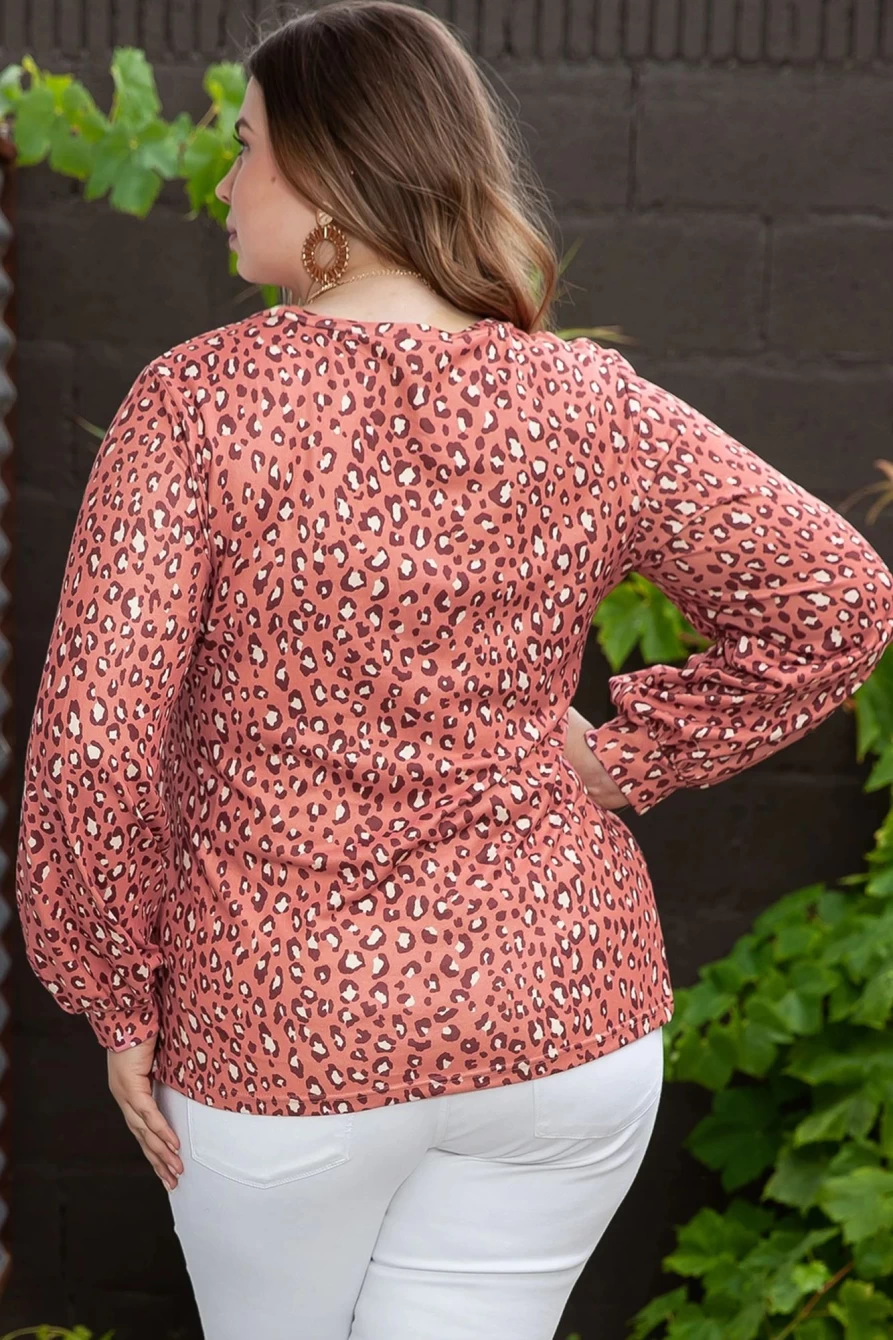 Shewin Women's Leopard Print Plus Size Long Sleeve Ruffled Babydoll Blouse