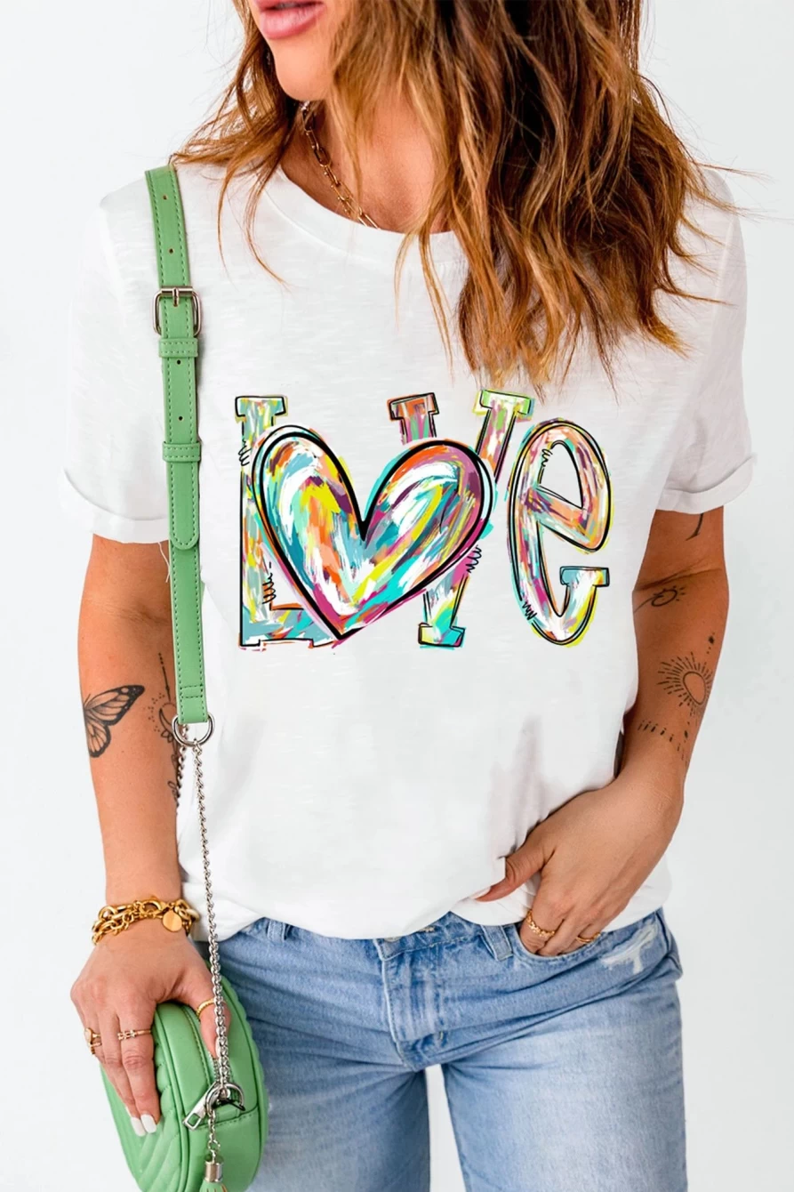 Shewin Women's White Love Heart Graffiti Graphic Tee - Round Neck Casual T-Shirt