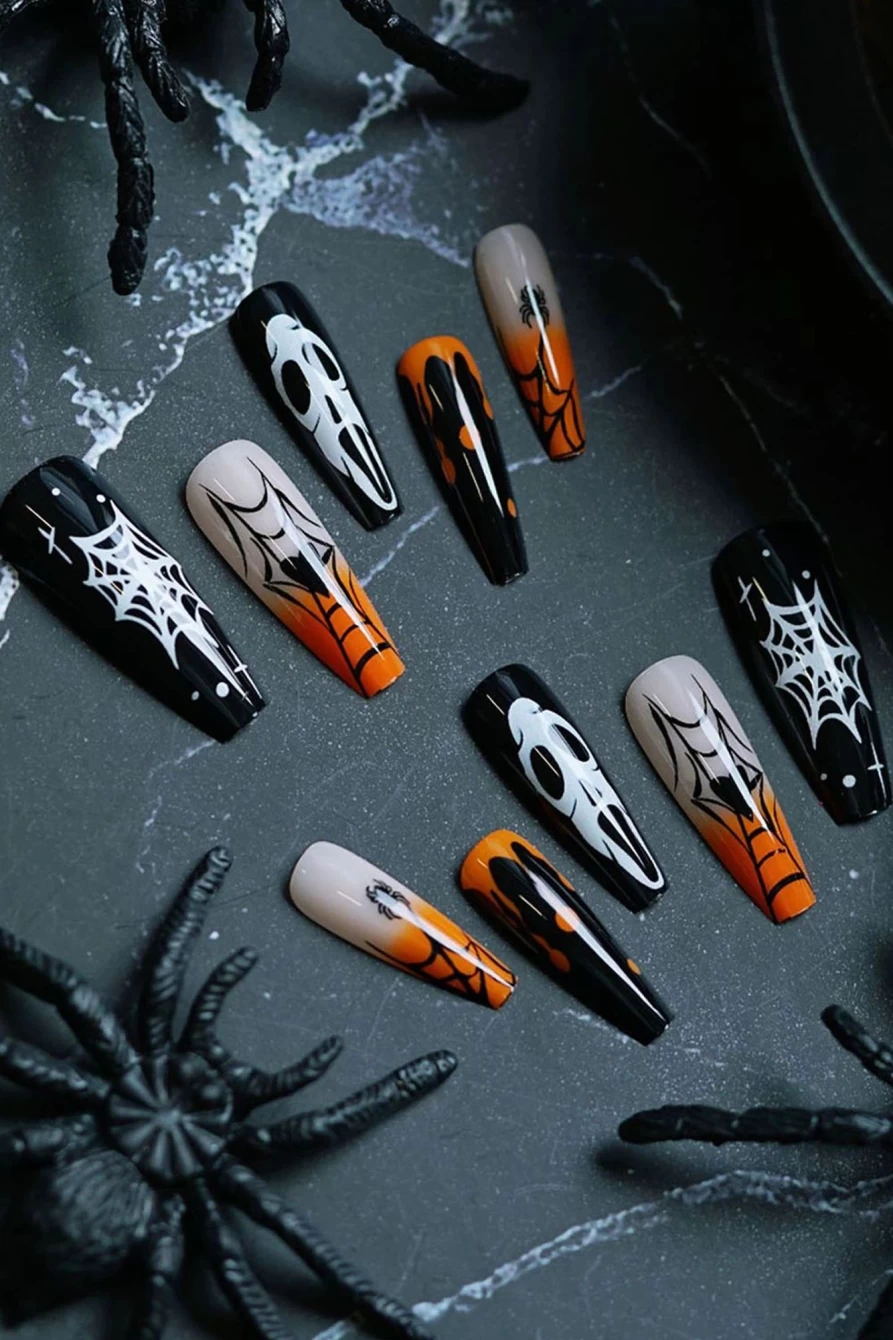 "Shewin Halloween Fake Nails - Orange Gradient Spider Web Ghost Design for Women - Multicolour Press-On Nails"