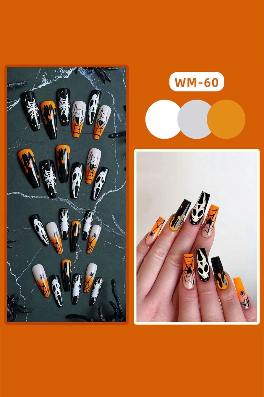 "Shewin Halloween Fake Nails - Orange Gradient Spider Web Ghost Design for Women - Multicolour Press-On Nails"