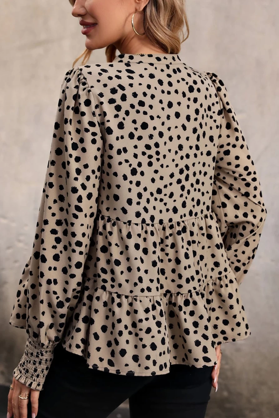 Shewin Women's Simply Taupe Casual Leopard Print V-Neck Bodycon Blouse