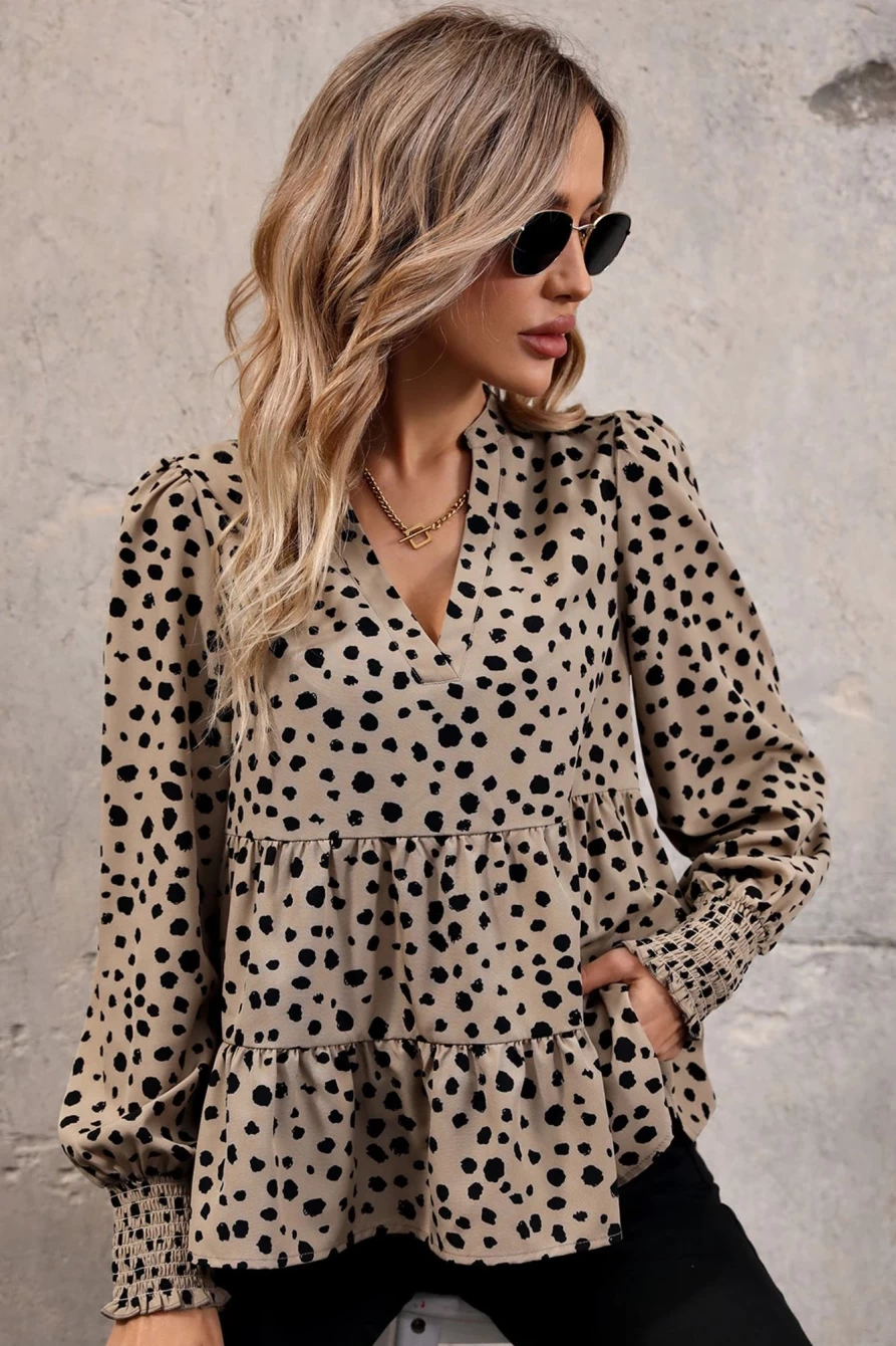 Shewin Women's Simply Taupe Casual Leopard Print V-Neck Bodycon Blouse