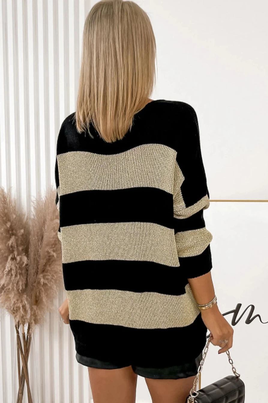 Shewin Women's Black Contrast Striped V-Neck Loose Fit Sweater