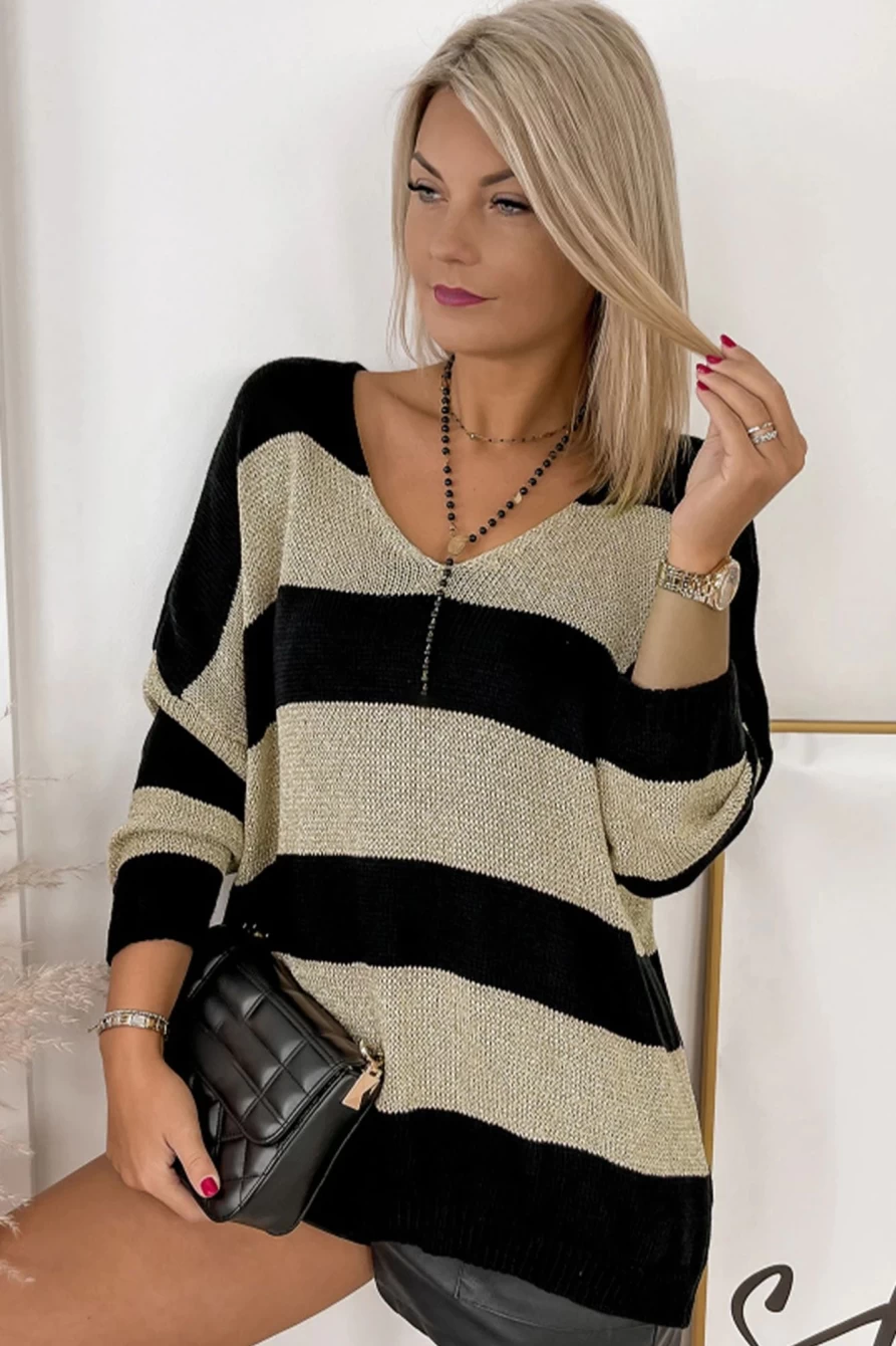 Shewin Women's Black Contrast Striped V-Neck Loose Fit Sweater
