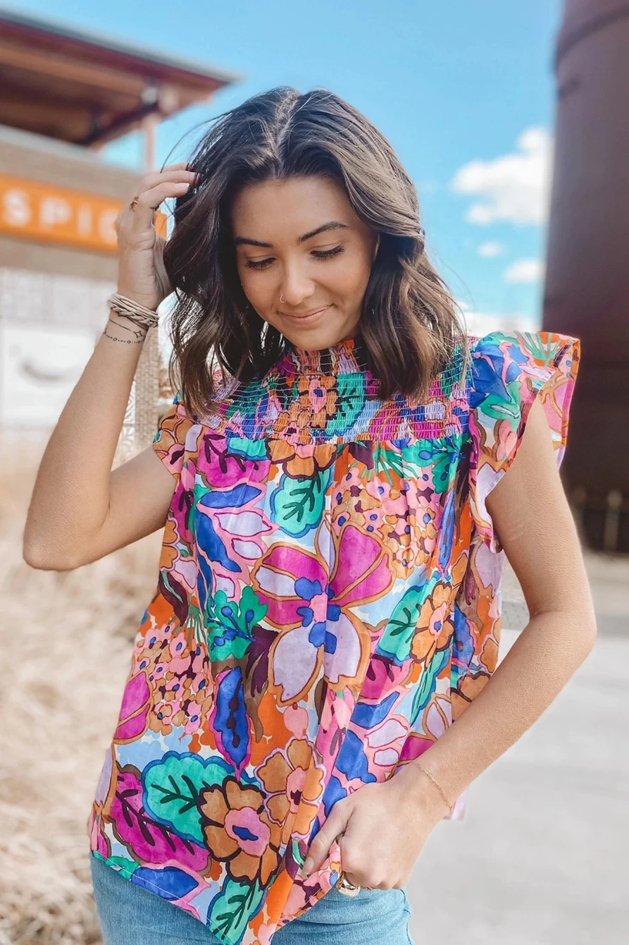 Shewin Women's Multicolor Floral Print Ruffle Sleeveless Smocked Blouse Top