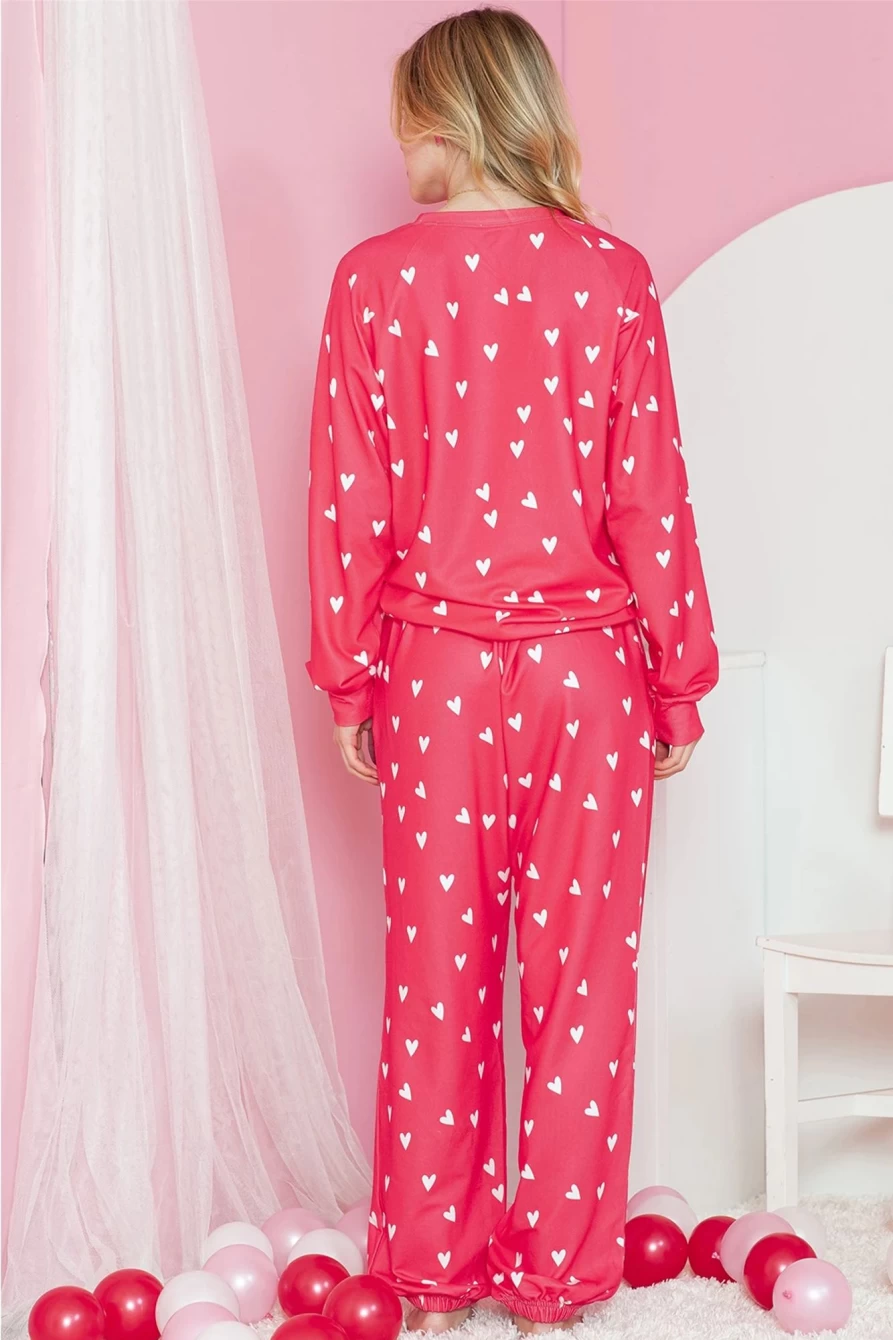 "SheWin Women's Red Heart Print Raglan Sleeve Top and Pants Set"