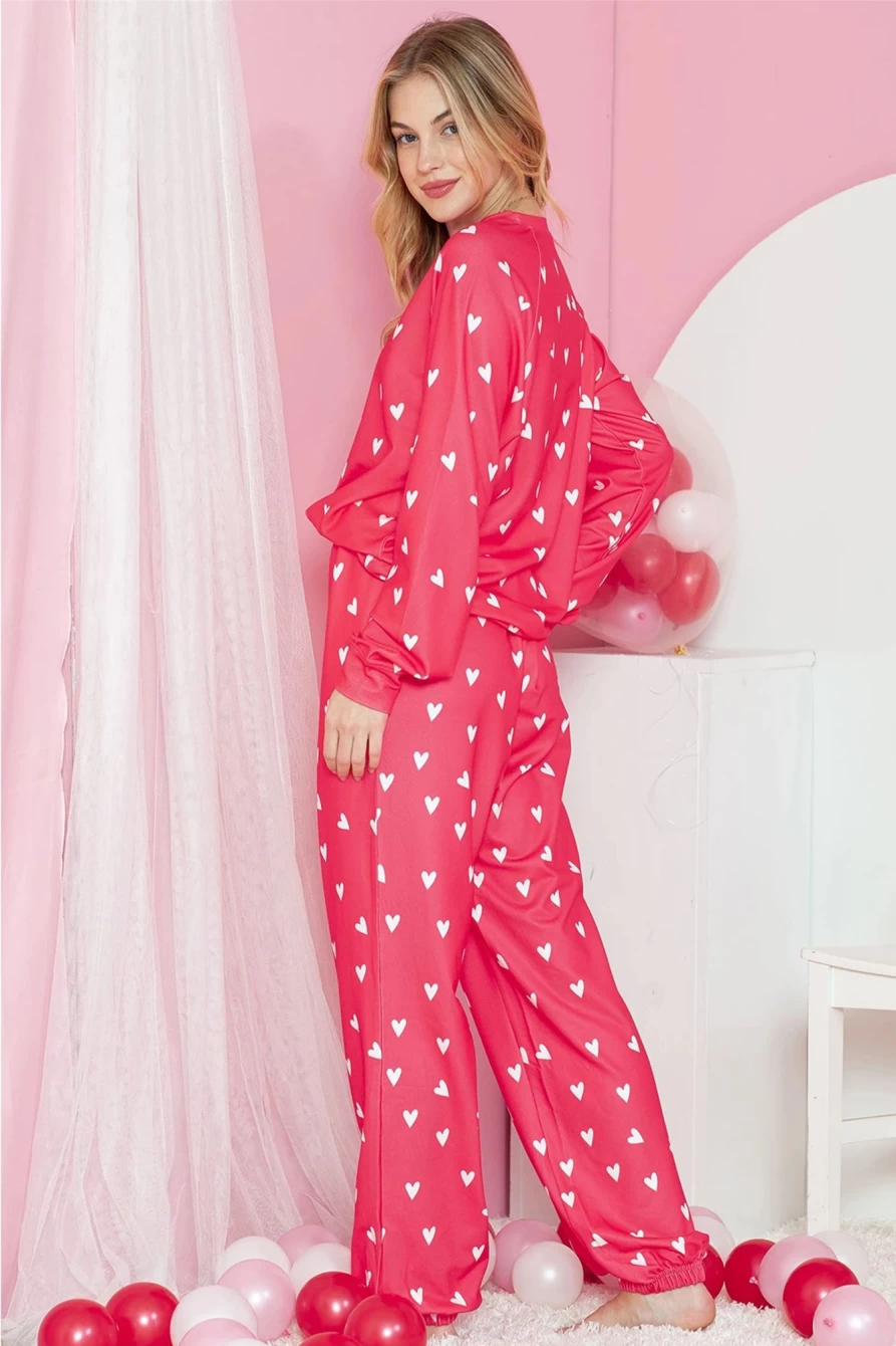 "SheWin Women's Red Heart Print Raglan Sleeve Top and Pants Set"