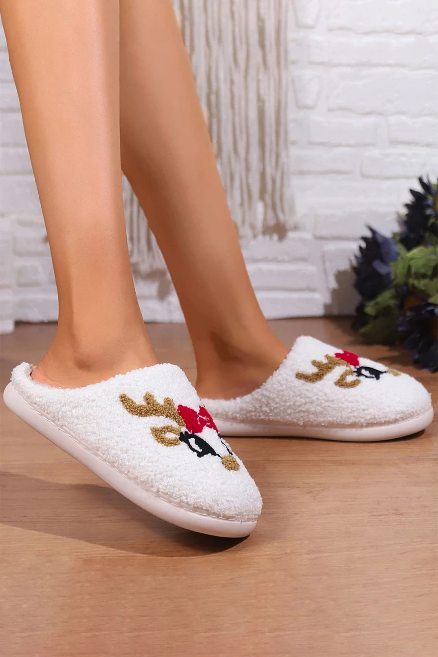 Shewin Women's White Christmas Cartoon Plush Slippers Cozy Holiday Home Shoes