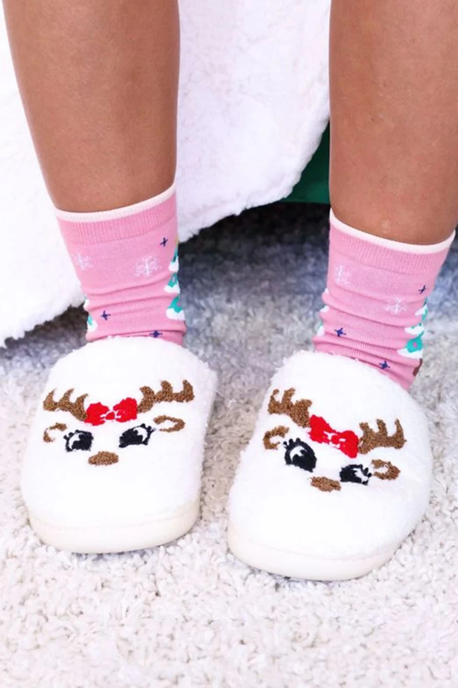 Shewin Women's White Christmas Cartoon Plush Slippers Cozy Holiday Home Shoes