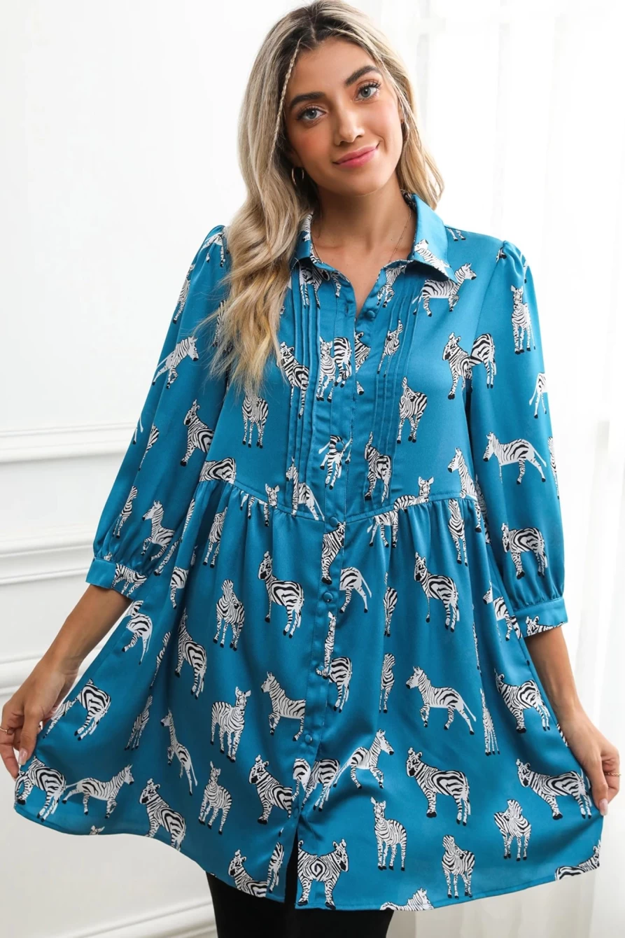 Shewin Women's Blue Printed Zebra Ruched Babydoll Dress