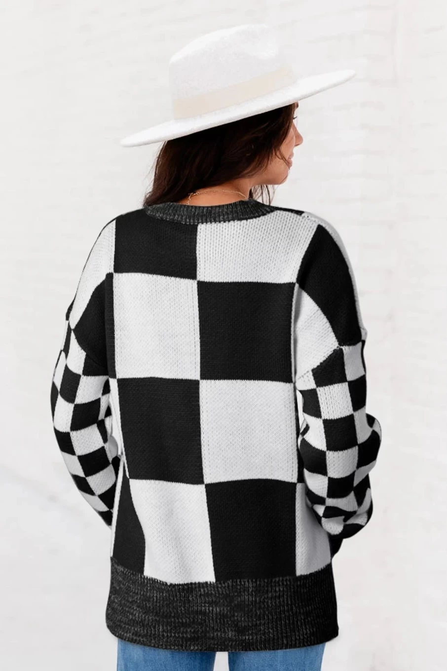 Shewin Women's Black Plaid Knitted Drop Shoulder Sweater