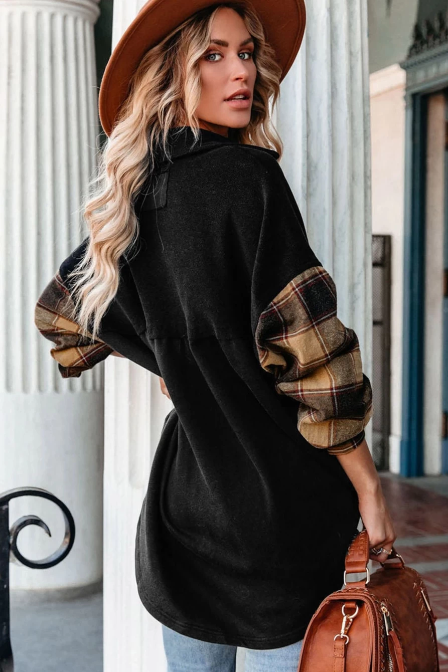 Women's Black Plaid Patchwork Oversized Shacket with Chest Pockets - Shewin