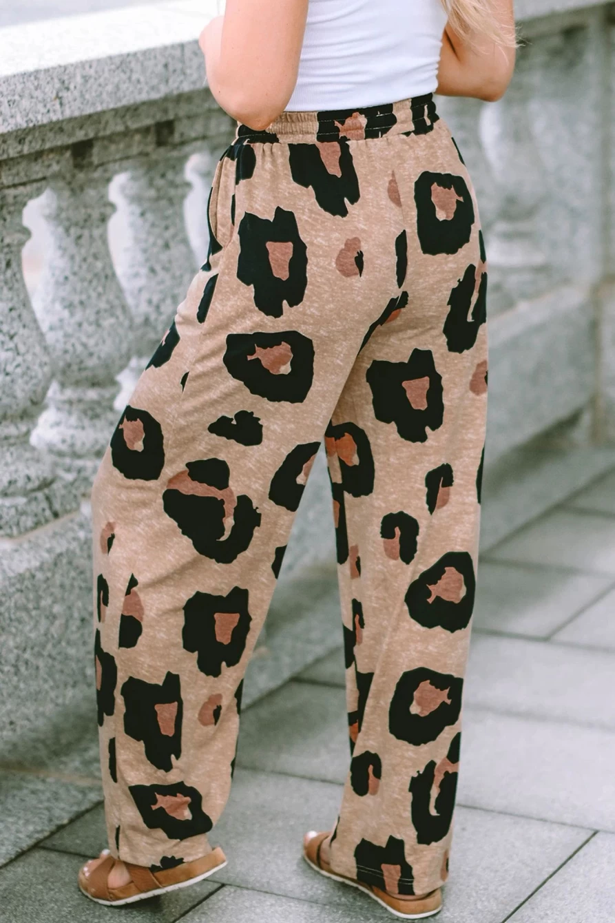 Shewin Women's Light French Beige Leopard Print Drawstring Wide Leg Lounge Pants