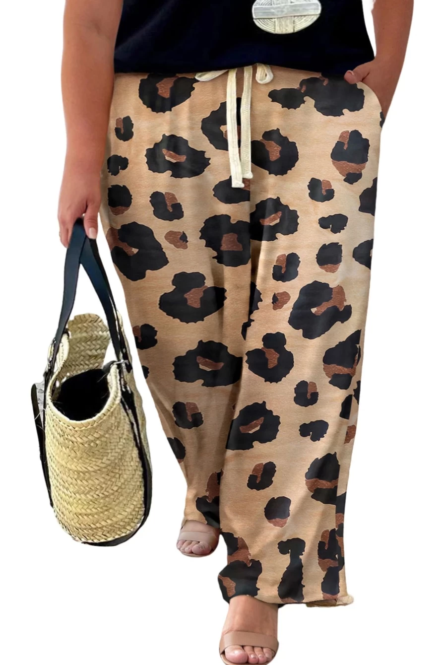 Shewin Women's Light French Beige Leopard Print Drawstring Wide Leg Lounge Pants