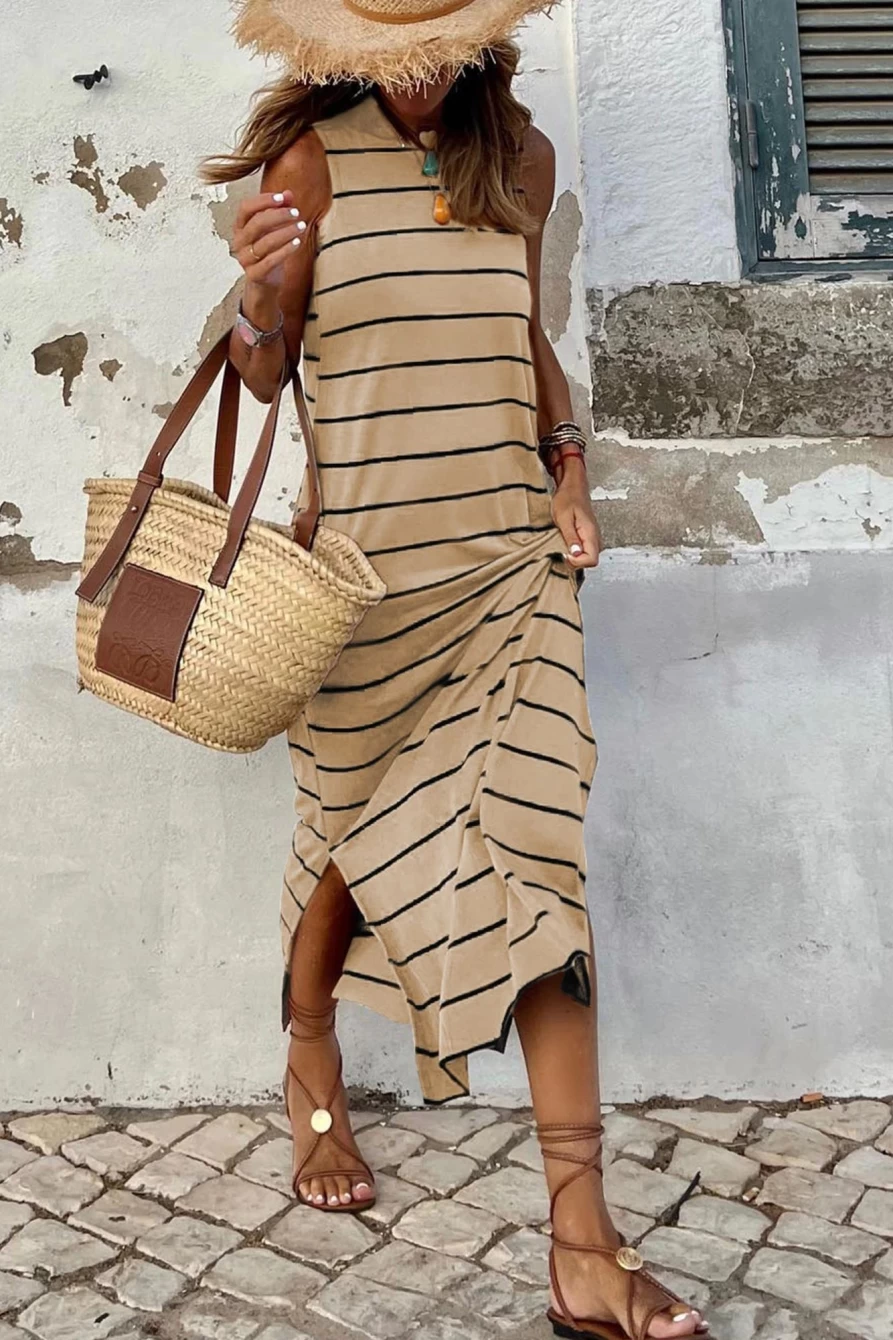 Shewin Women's Khaki Striped Backless Maxi Dress with Side Slits - Casual Summer Beach Long Dress