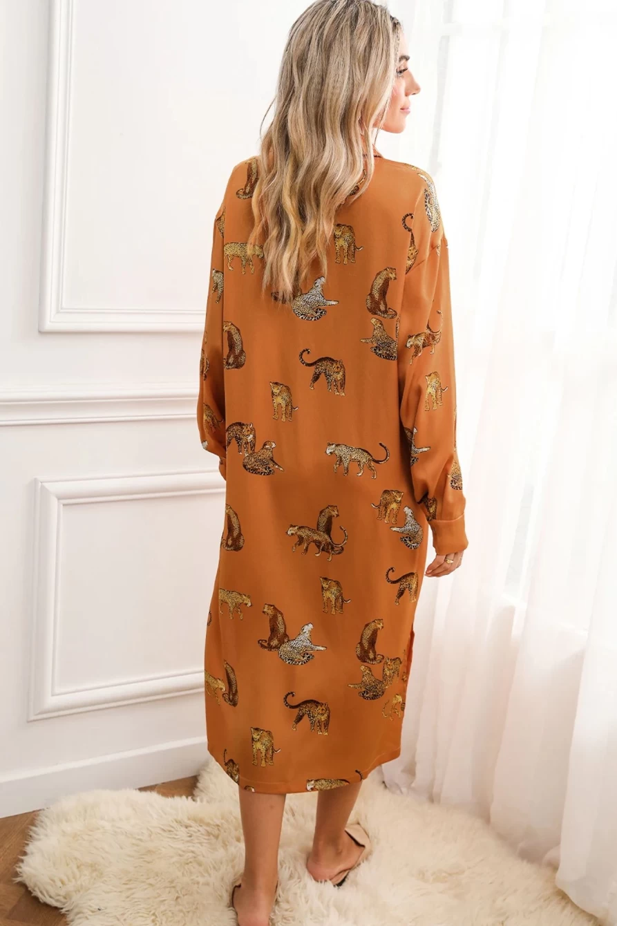 Shewin Women's Khaki Yellow Animal Print Button-Up Split Maxi Shirt Dress