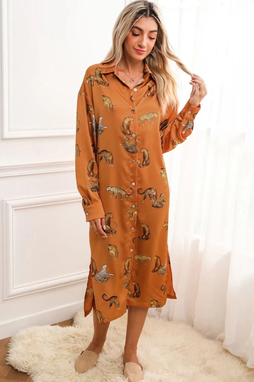Shewin Women's Khaki Yellow Animal Print Button-Up Split Maxi Shirt Dress