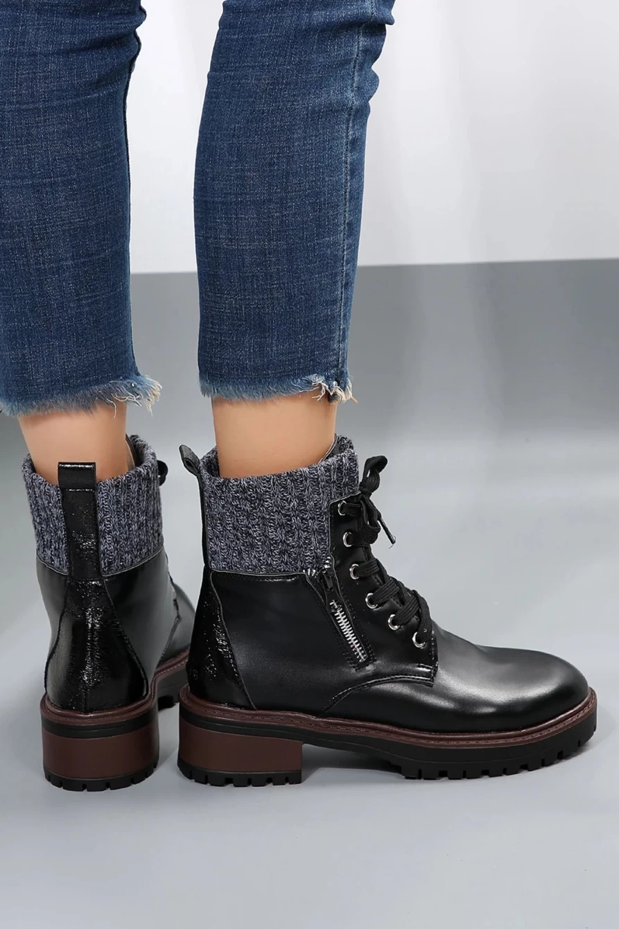 Shewin Women's Black Knitted Lace-Up Heeled Ankle Boots with Patched Design
