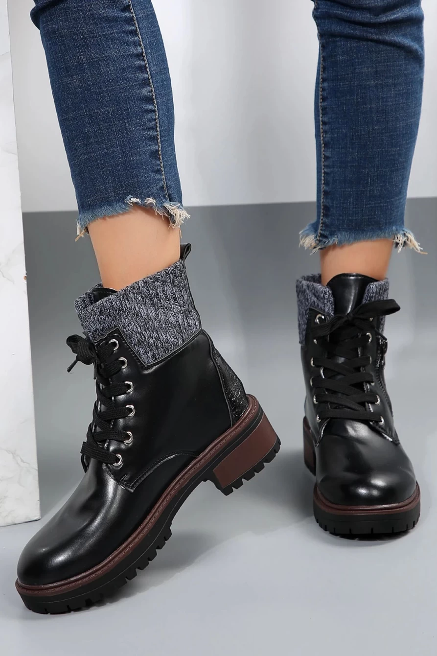 Shewin Women's Black Knitted Lace-Up Heeled Ankle Boots with Patched Design