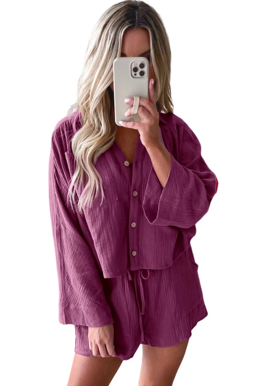 Shewin Women's Brown Textured Cropped Shirt & Shorts Set with Dolman Sleeves